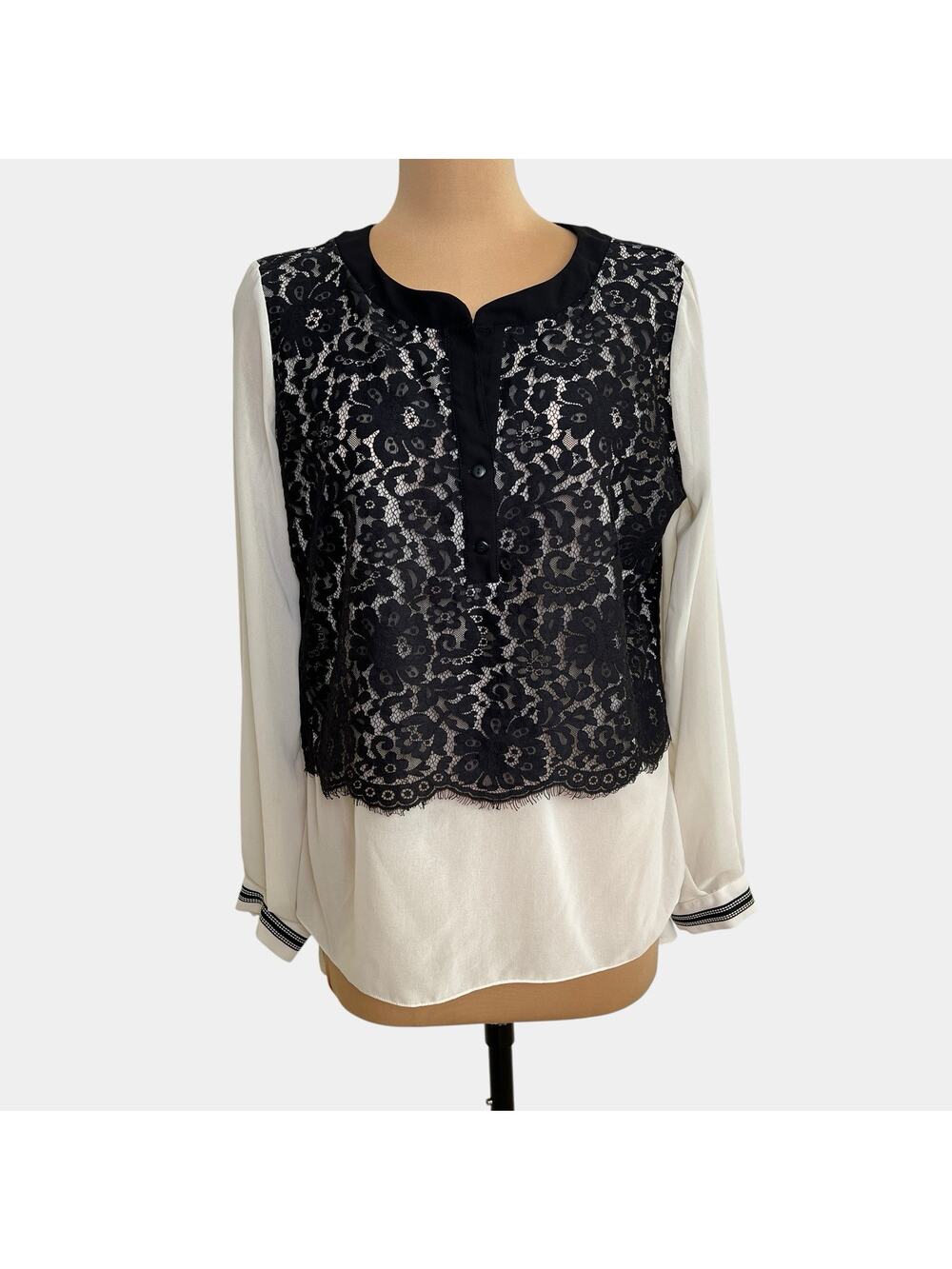 Atina Cristina Top Large Y2K Black Lace Overlay Sheer Beige Blouse Whimsigoth